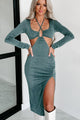 Got Your Attention Long Sleeve Cut-Out Midi Dress (Teal Green) - NanaMacs