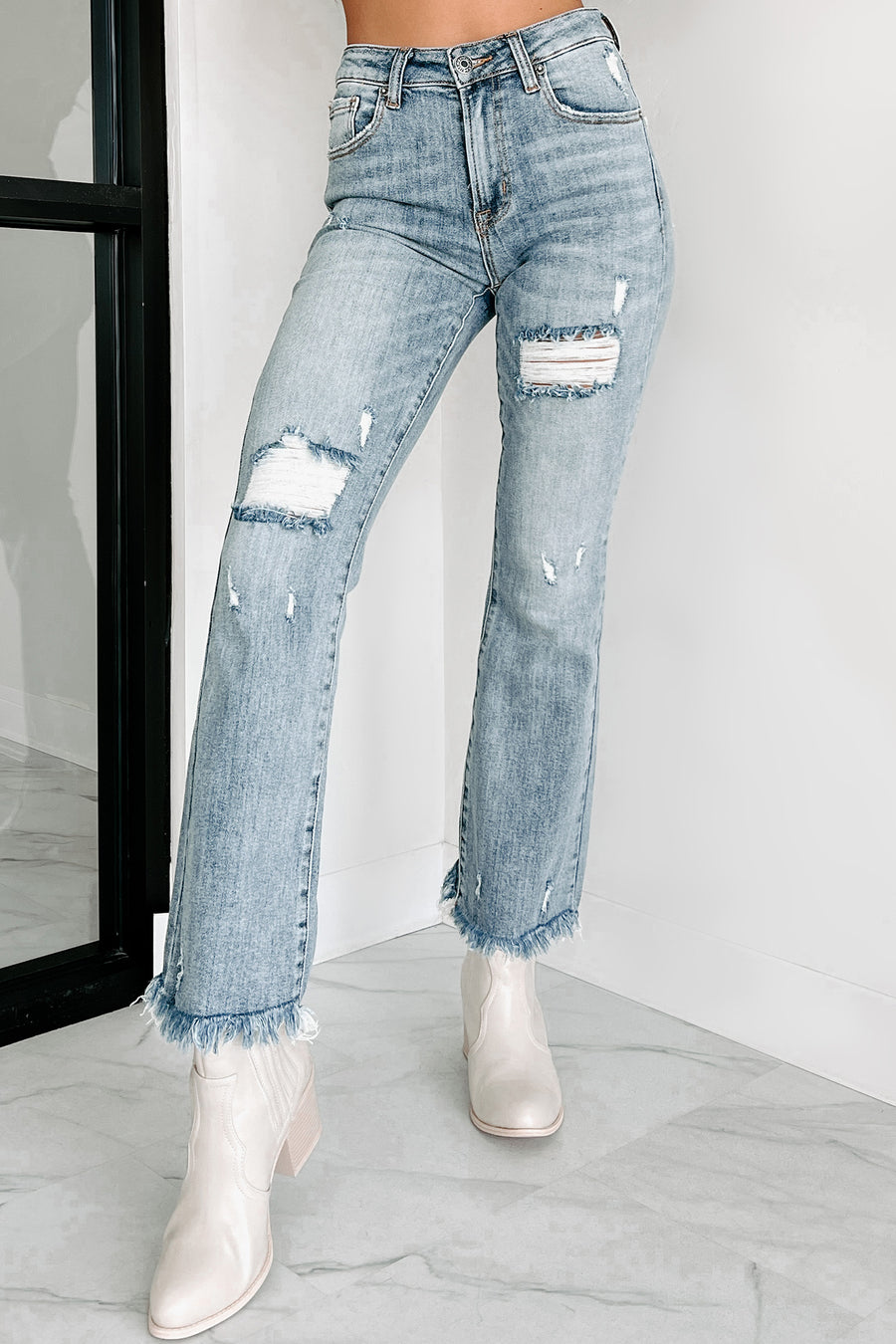 Figuring You Out High Rise Distressed Risen Flare Jeans (Light) - NanaMacs
