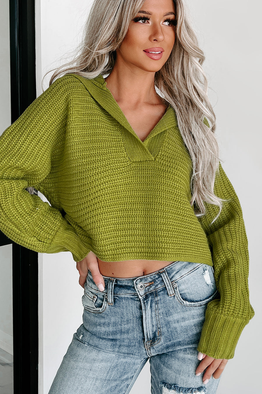 Can't Talk Right Now Collared Crop Sweater (Green) - NanaMacs