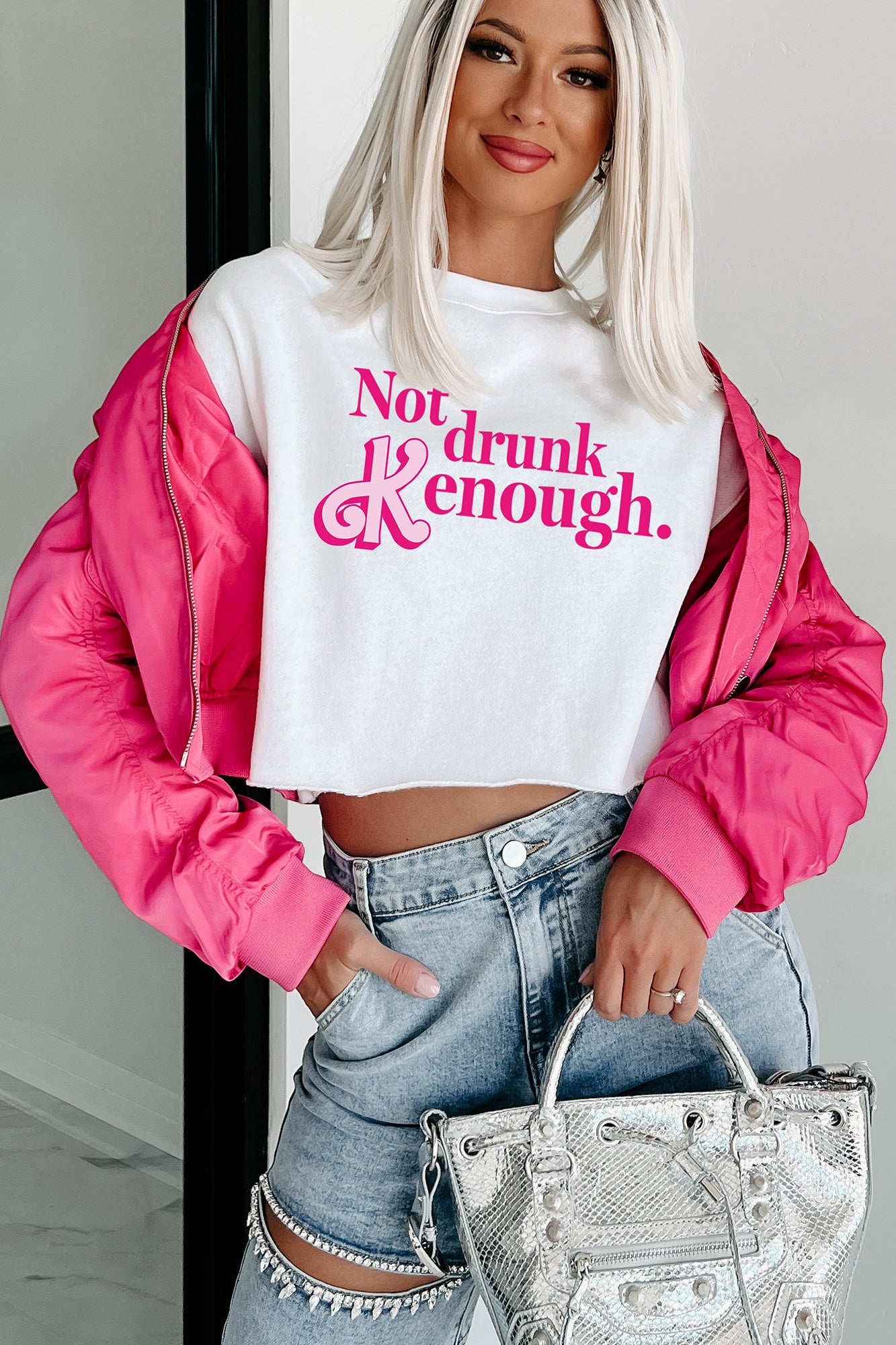 "Not Drunk Kenough" Raw Hem Crop Graphic Crewneck (White) - Print On Demand - NanaMacs