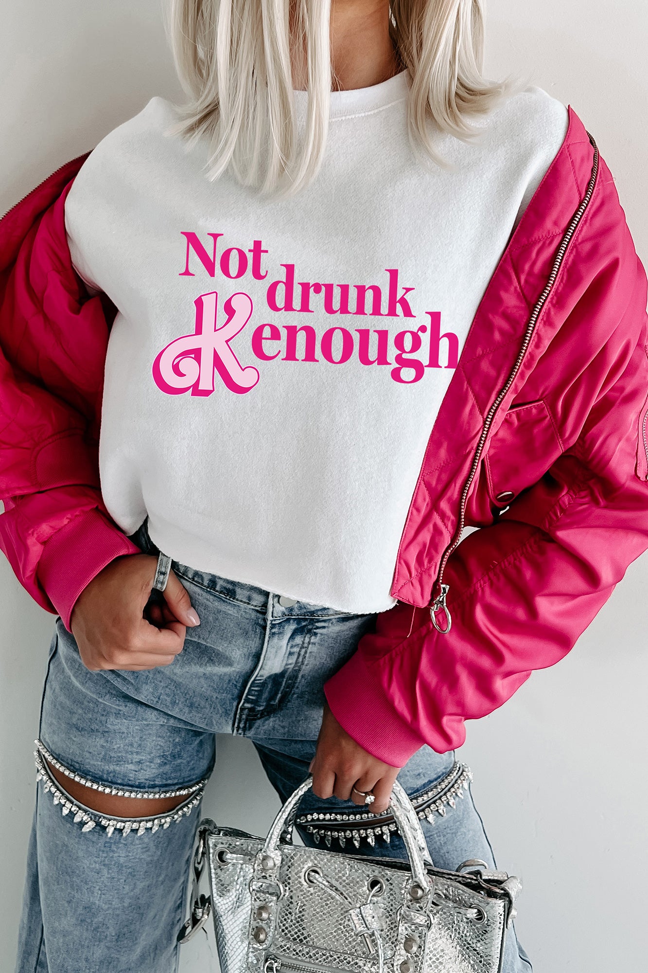 "Not Drunk Kenough" Raw Hem Crop Graphic Crewneck (White) - Print On Demand - NanaMacs
