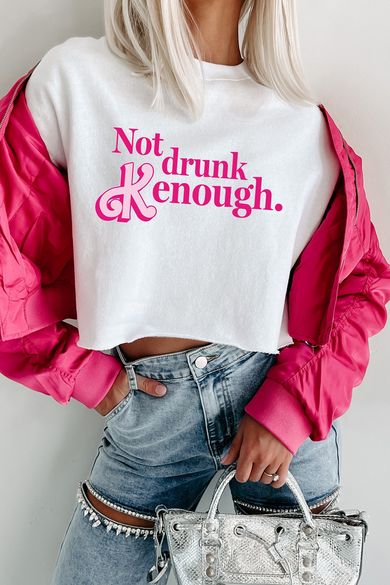 "Not Drunk Kenough" Raw Hem Crop Graphic Crewneck (White) - Print On Demand - NanaMacs