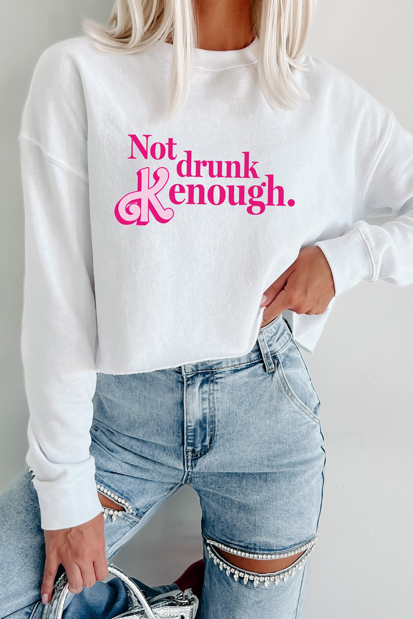 "Not Drunk Kenough" Raw Hem Crop Graphic Crewneck (White) - Print On Demand - NanaMacs