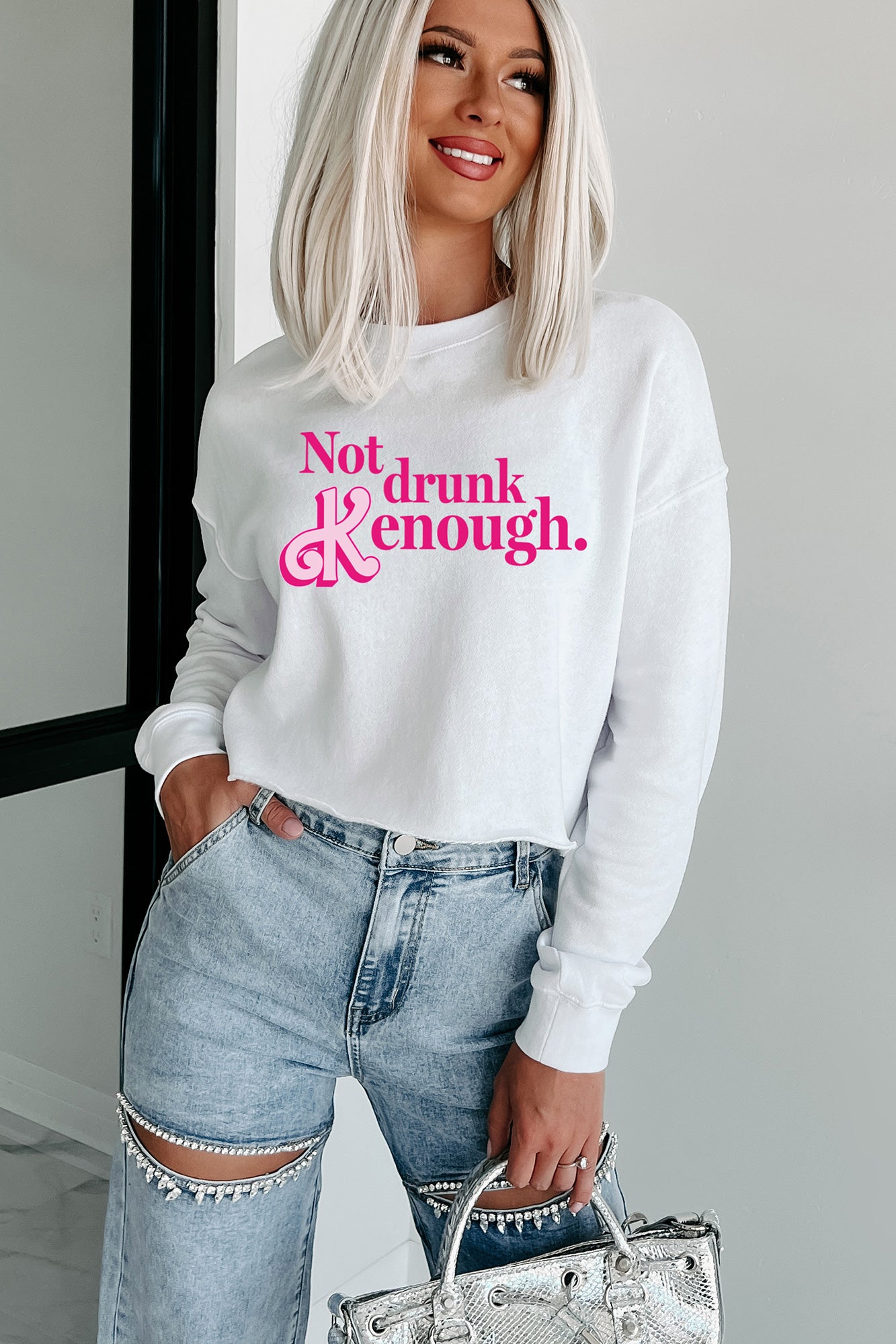 "Not Drunk Kenough" Raw Hem Crop Graphic Crewneck (White) - Print On Demand - NanaMacs