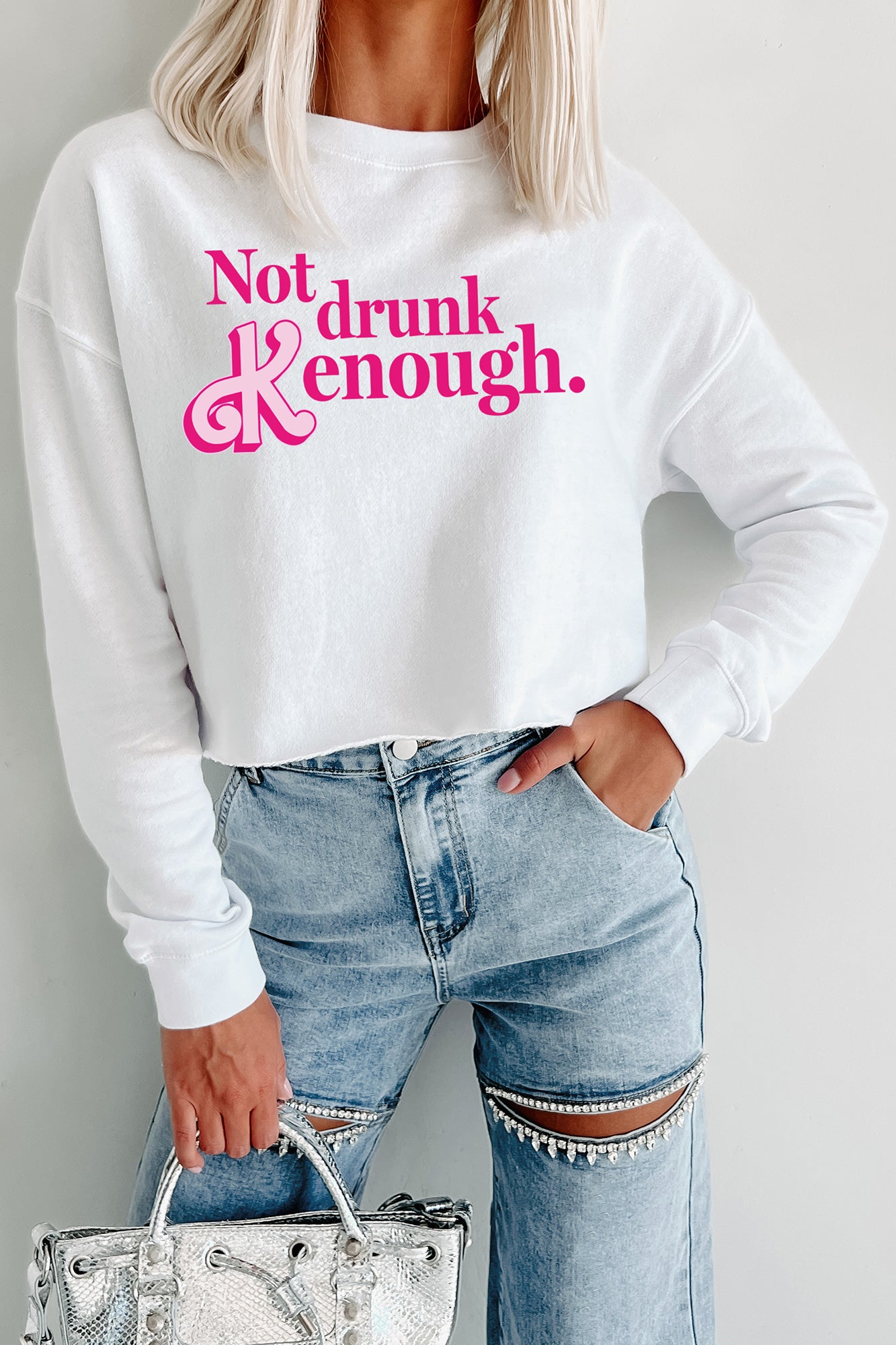 "Not Drunk Kenough" Raw Hem Crop Graphic Crewneck (White) - Print On Demand - NanaMacs
