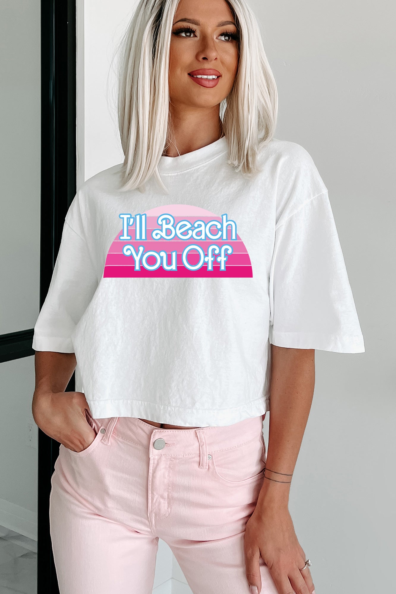 "I'll Beach You Off" Oversized Graphic Crop Tee (White) - Print On Demand - NanaMacs