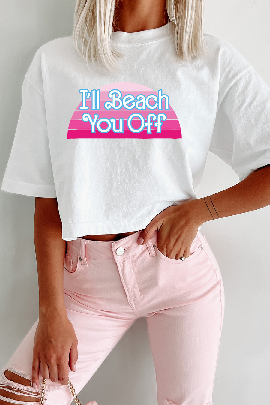 "I'll Beach You Off" Oversized Graphic Crop Tee (White) - Print On Demand - NanaMacs