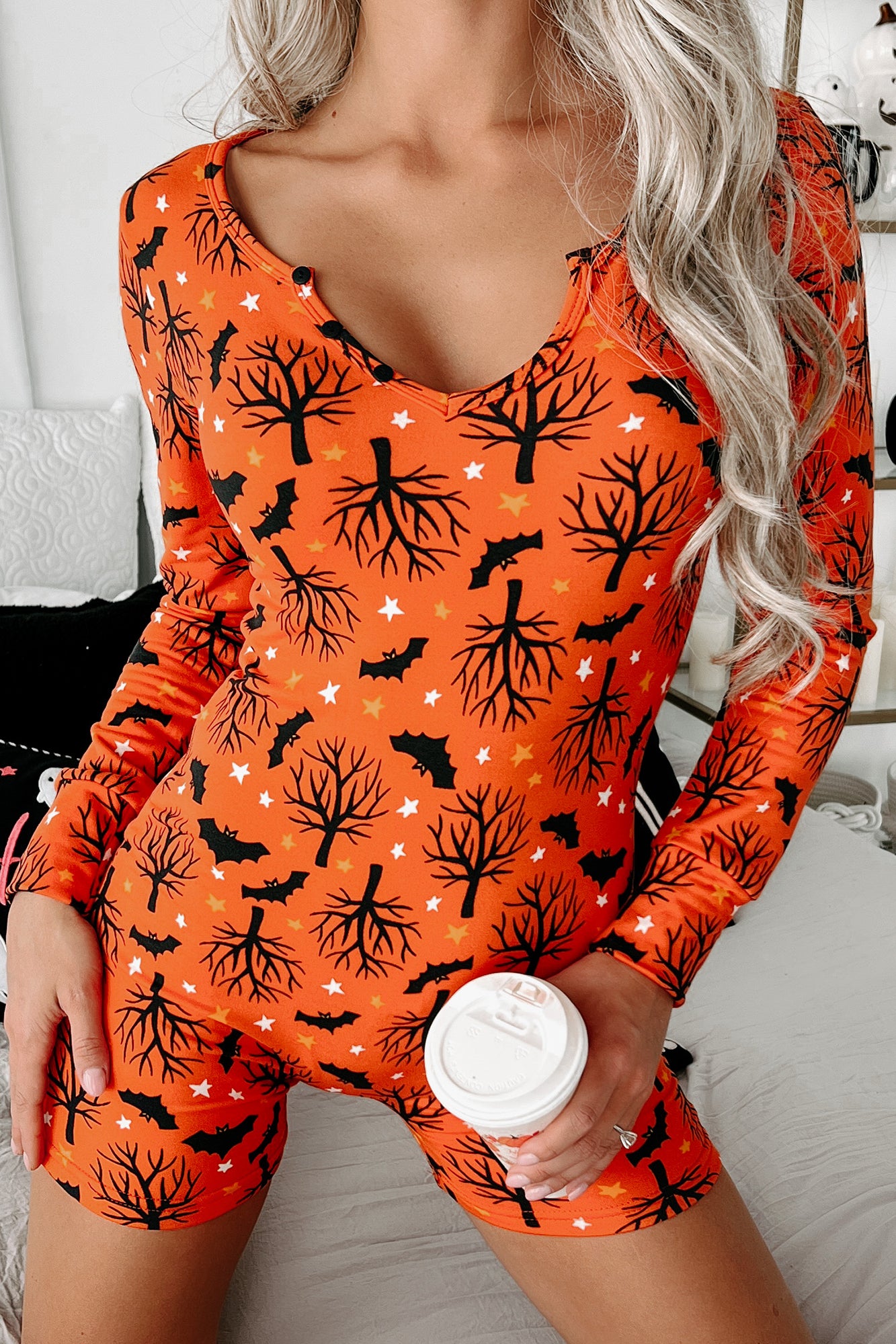 Little Bit Batty Fleece Lined Printed Romper Set (Orange) - NanaMacs
