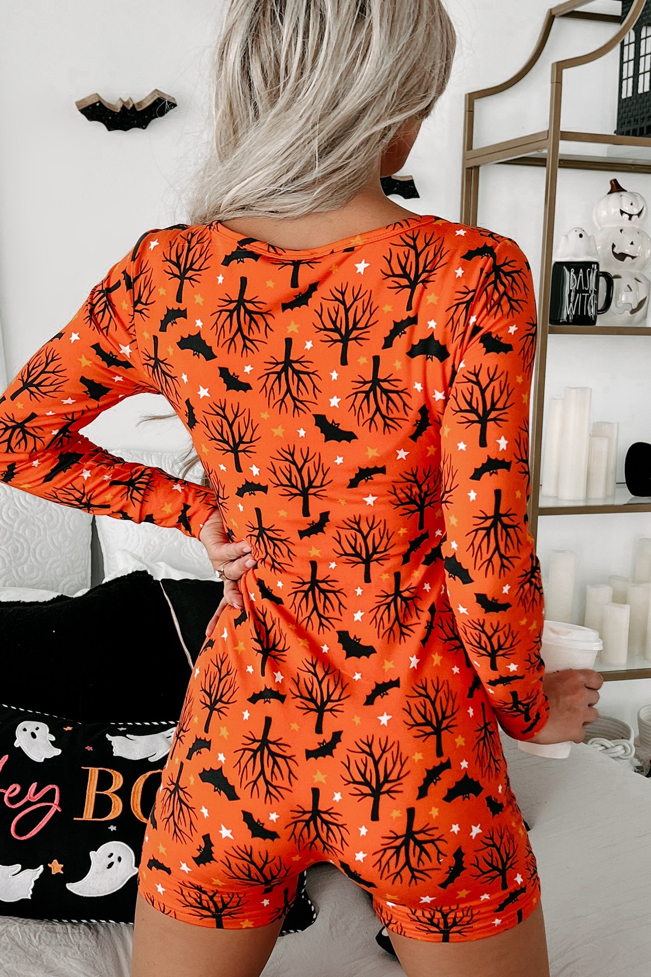 Little Bit Batty Fleece Lined Printed Romper Set (Orange) - NanaMacs