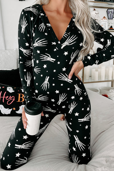 Lend A Hand Fleece Lined Hooded Onesie (Black/Skeleton Hand) - NanaMacs