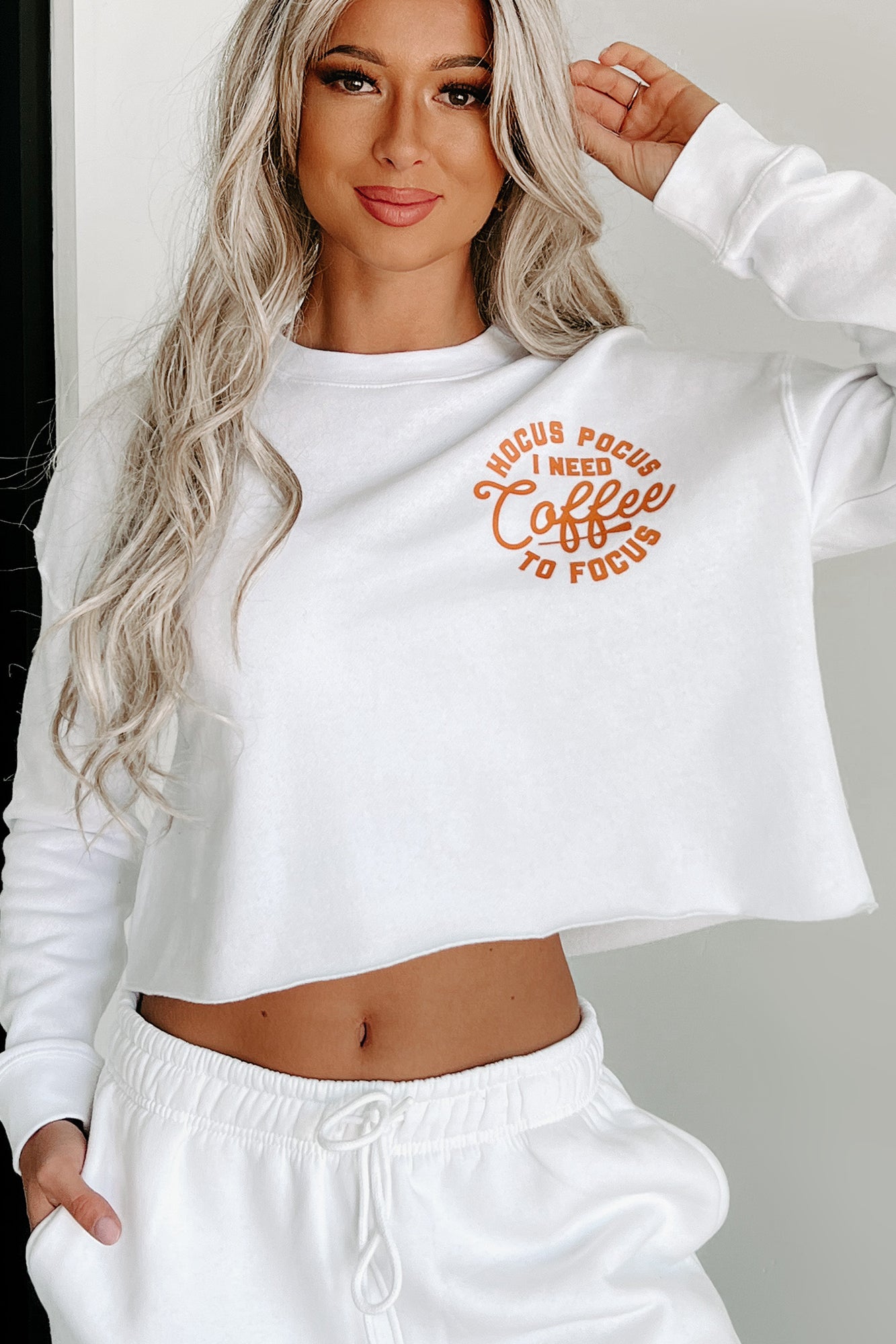 I Really Need Coffee Raw Hem Cropped Graphic Crewneck (White) - Print On Demand - NanaMacs