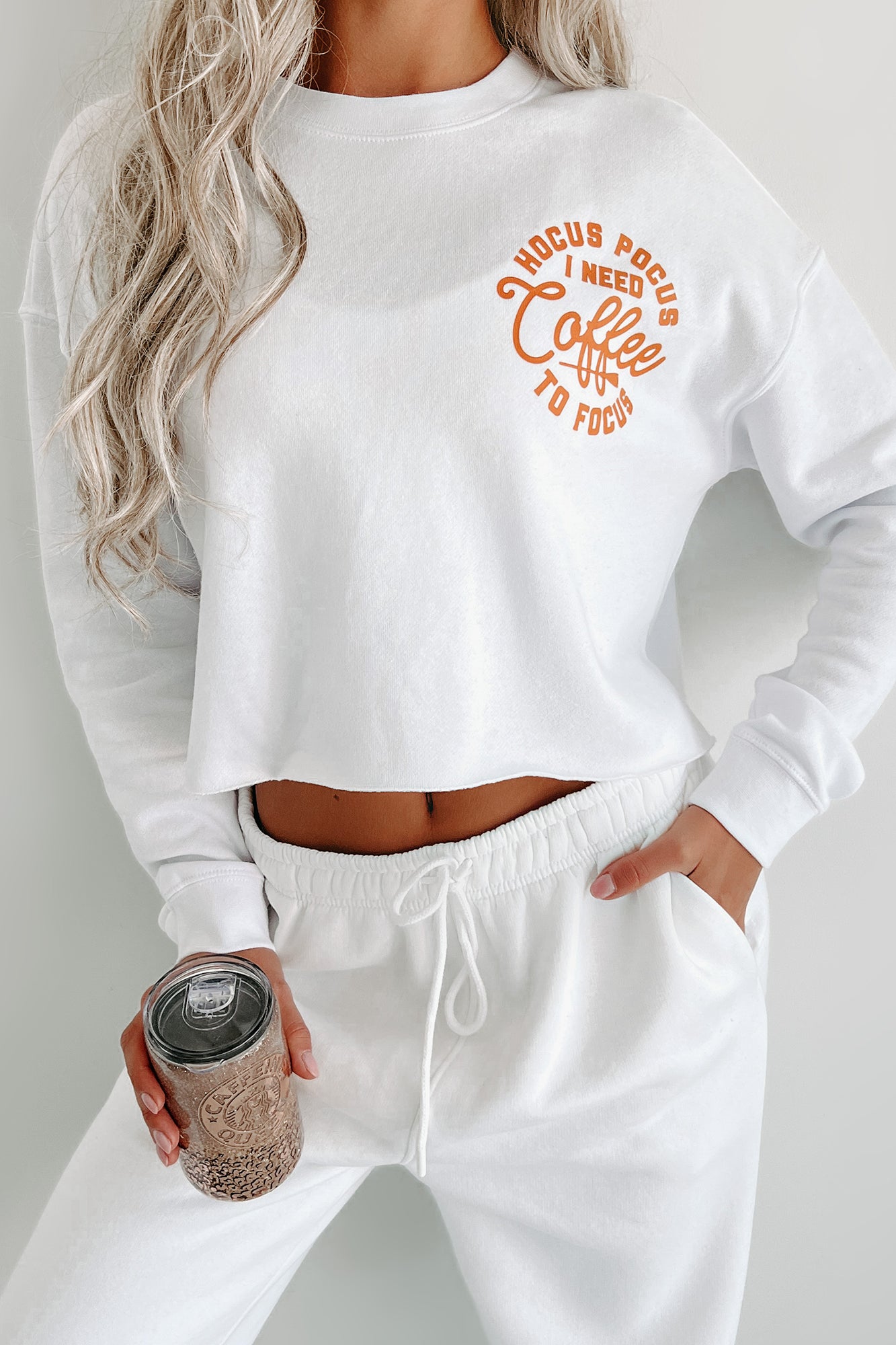 I Really Need Coffee Raw Hem Cropped Graphic Crewneck (White) - Print On Demand - NanaMacs