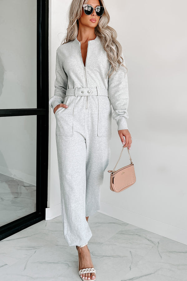 Zoey Zip-Front Belted Jumpsuit (Heather Grey) - NanaMacs