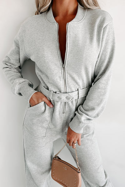 Zoey Zip-Front Belted Jumpsuit (Heather Grey) - NanaMacs