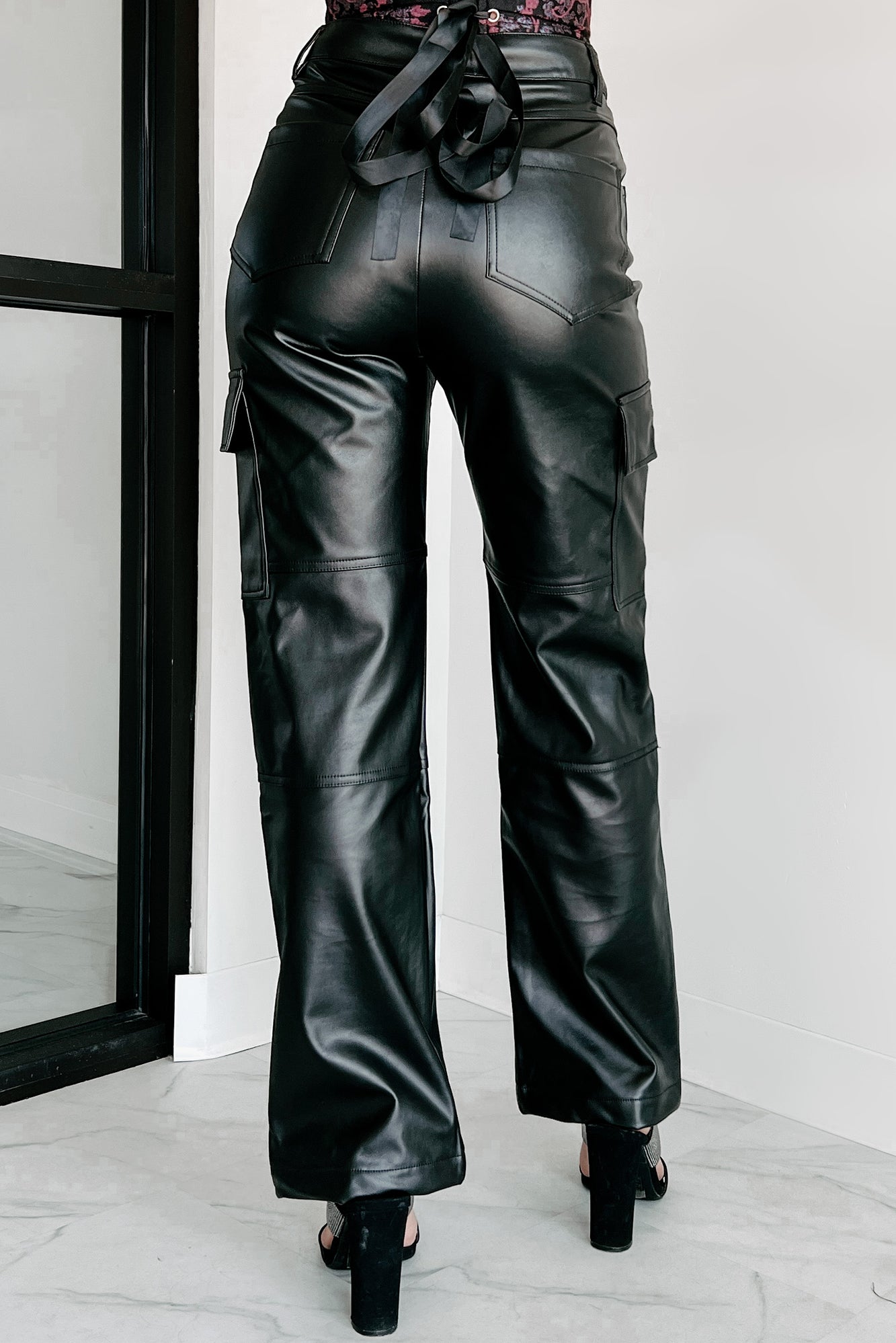 On A Power Trip Faux Leather Cargo Pants (Black) - NanaMacs