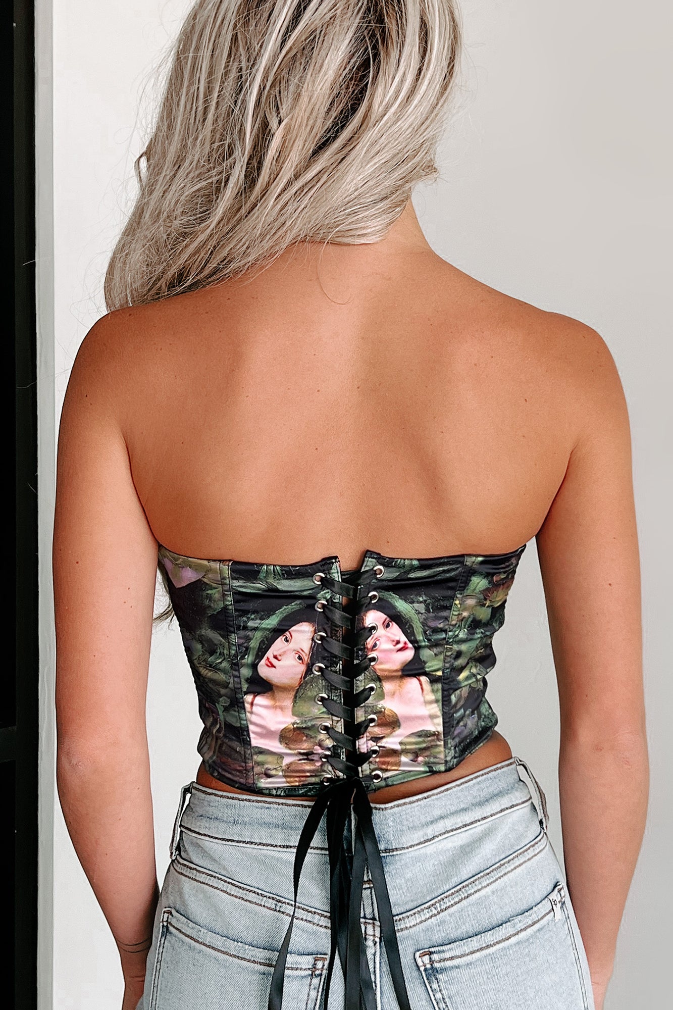 Angelic Women Ethereal Print Lace-Up Corset Top (Black Multi) - NanaMacs