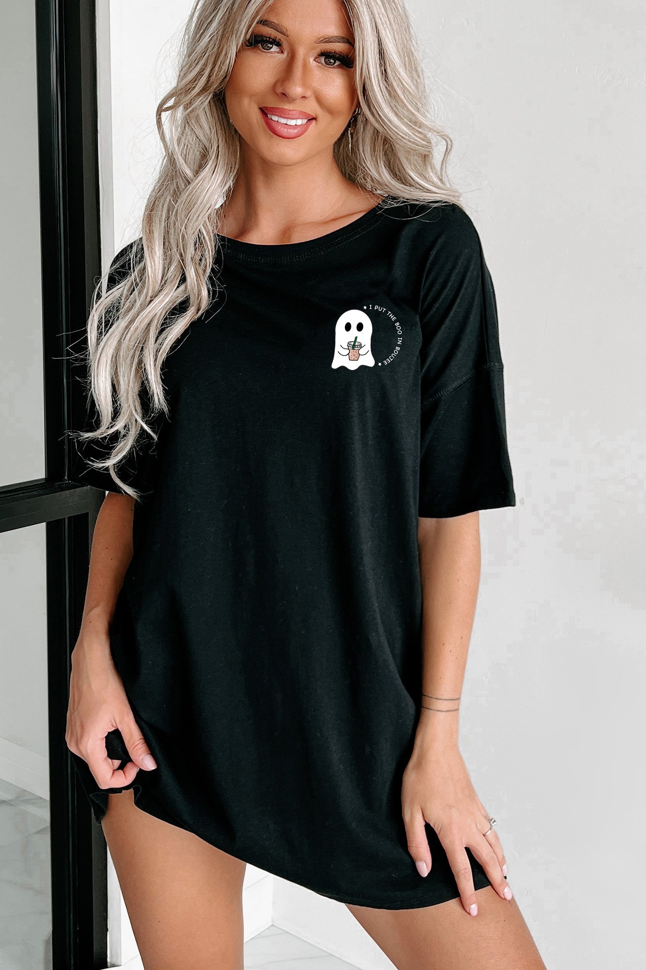 "Boo In Boujee" Oversized Graphic T-Shirt Dress (Black) - Print On Demand - NanaMacs