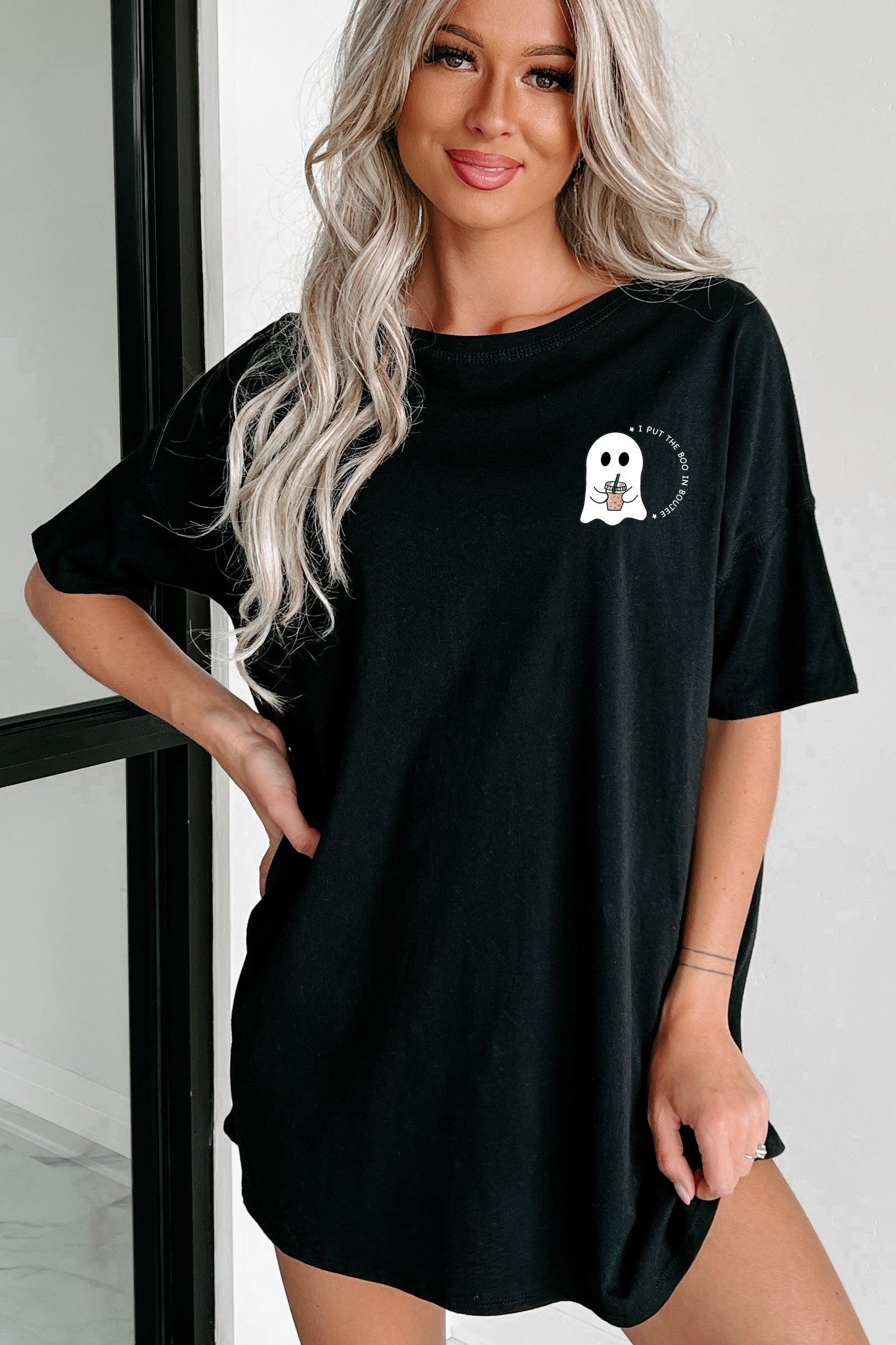"Boo In Boujee" Oversized Graphic T-Shirt Dress (Black) - Print On Demand - NanaMacs