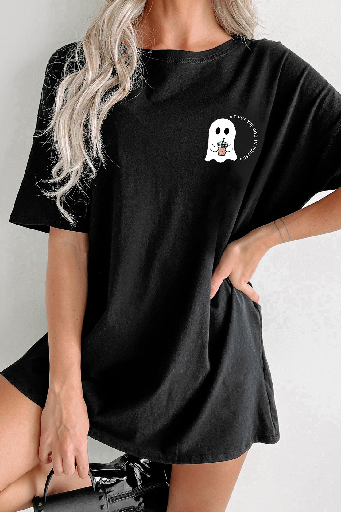"Boo In Boujee" Oversized Graphic T-Shirt Dress (Black) - Print On Demand - NanaMacs