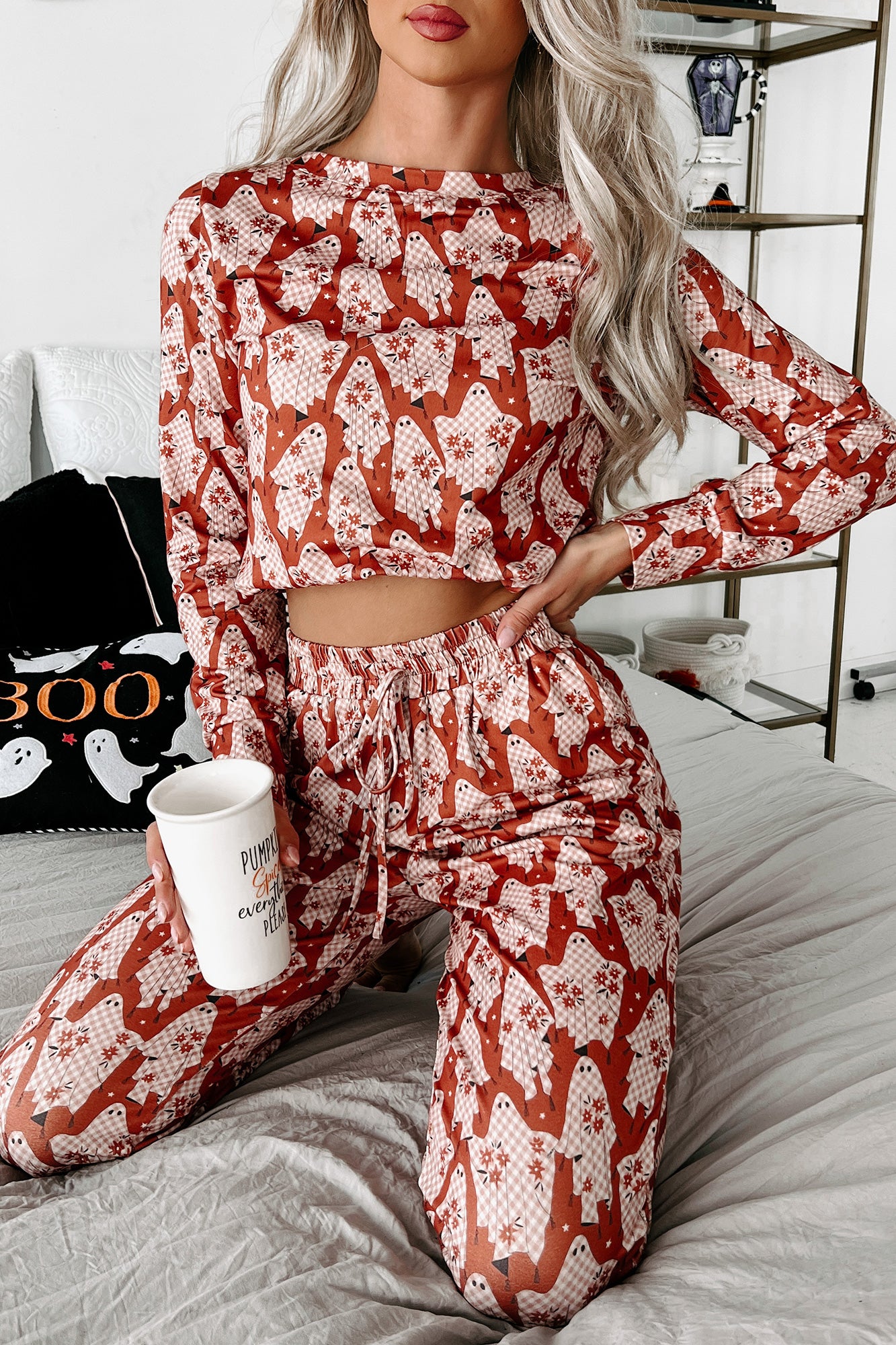 Sleep Tight Two-Piece Printed Pajama Set (Plaid Ghost) - NanaMacs