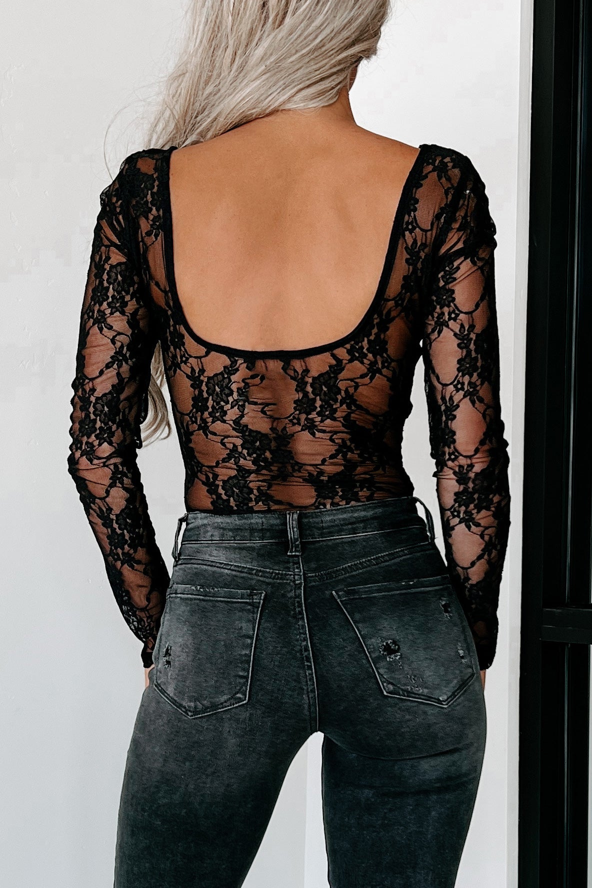 NaaNaa lace long sleeve bodysuit with cut out detail in black
