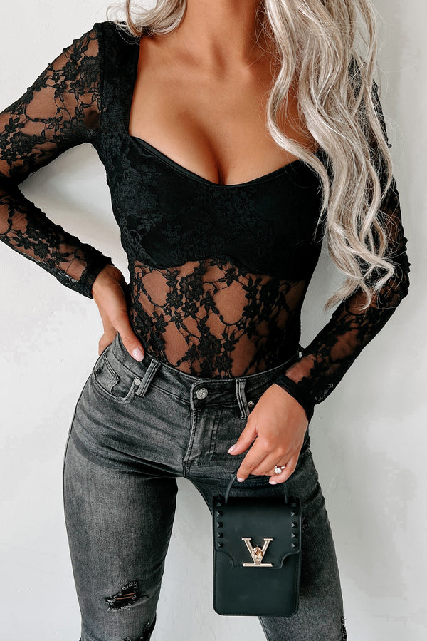 Won't Forget Me Long Sleeve Lace Bodysuit (Black) - NanaMacs