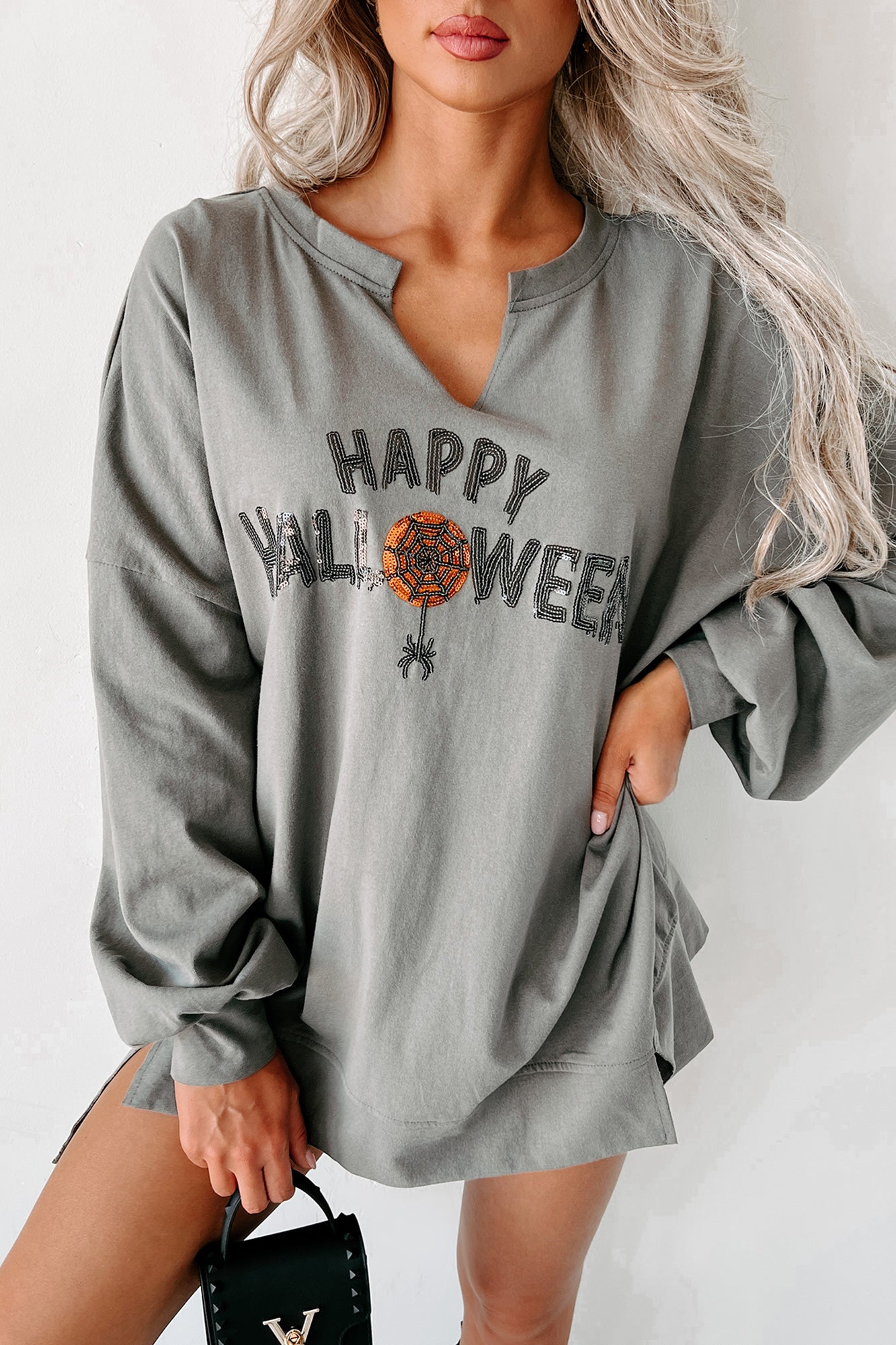 Halloween Salutations Oversized Sequin Graphic Top (Charcoal) - NanaMacs