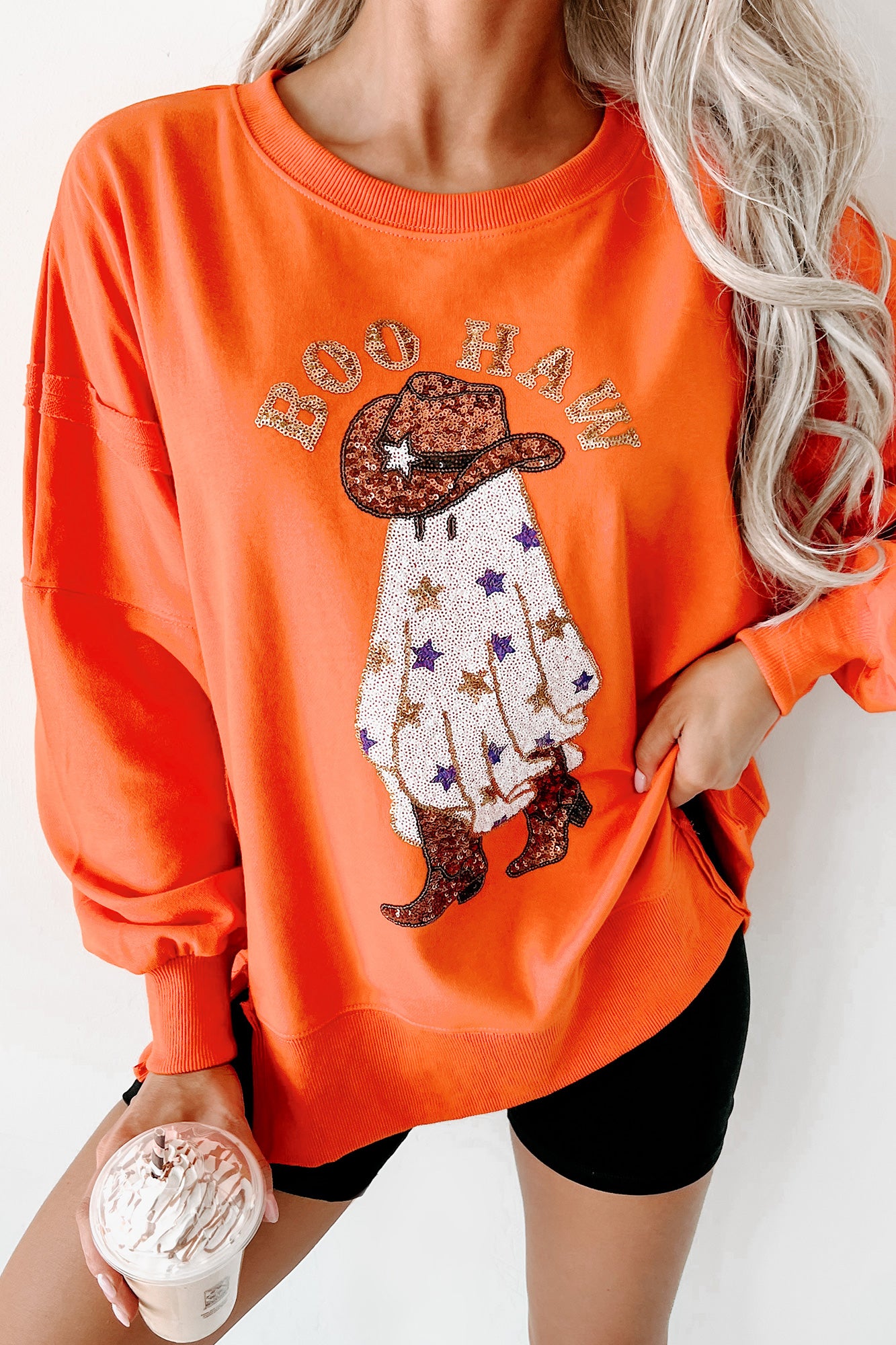 Southern Ghosts Oversized Sequin Graphic Top (Orange) - NanaMacs