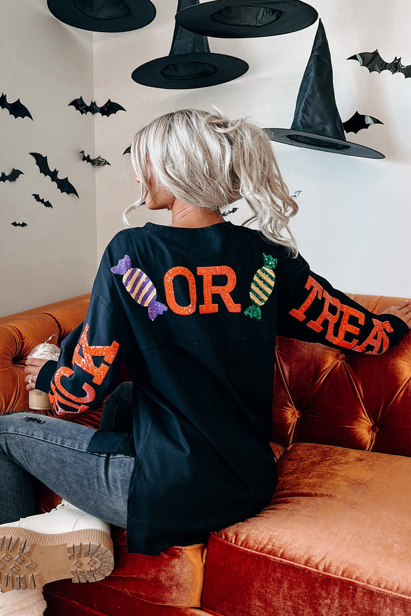 "Trick Or Treat" Oversized Sequin Graphic Top (Black) - NanaMacs
