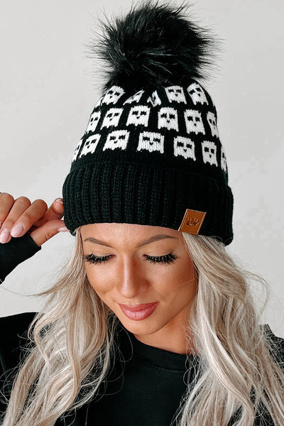 Ghostly Friends Knit Pom Beanie (Black Ghost) - NanaMacs