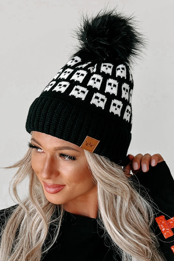 Ghostly Friends Knit Pom Beanie (Black Ghost) - NanaMacs