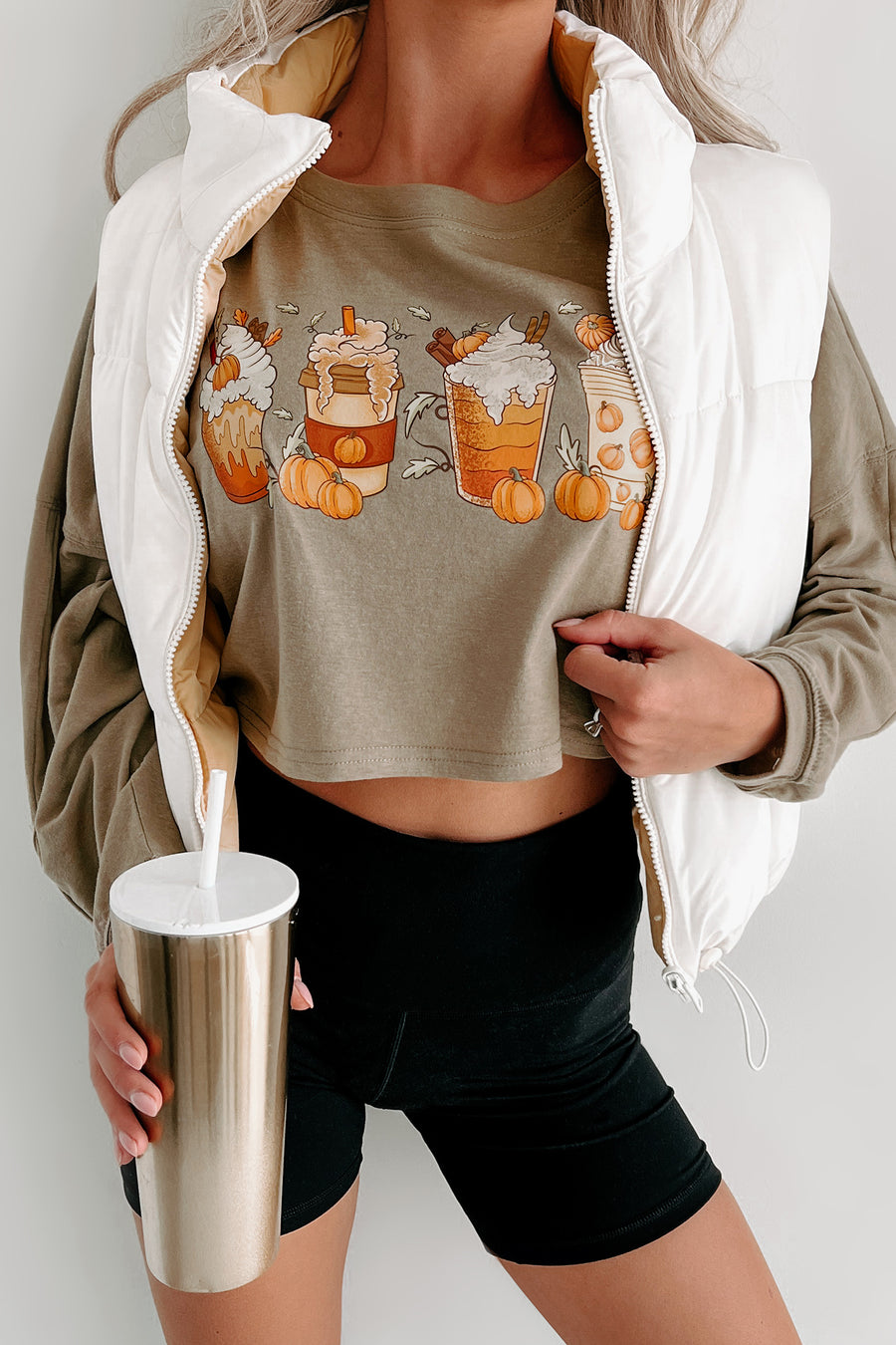 My Pumpkin Coffees Long Sleeve Graphic Crop Top (Olive) - Print On Demand - NanaMacs