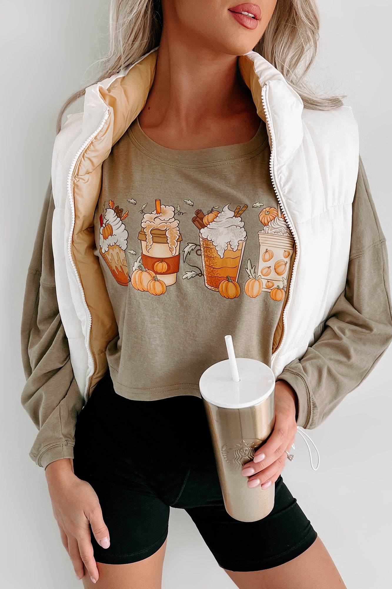 My Pumpkin Coffees Long Sleeve Graphic Crop Top (Olive) - Print On Demand - NanaMacs