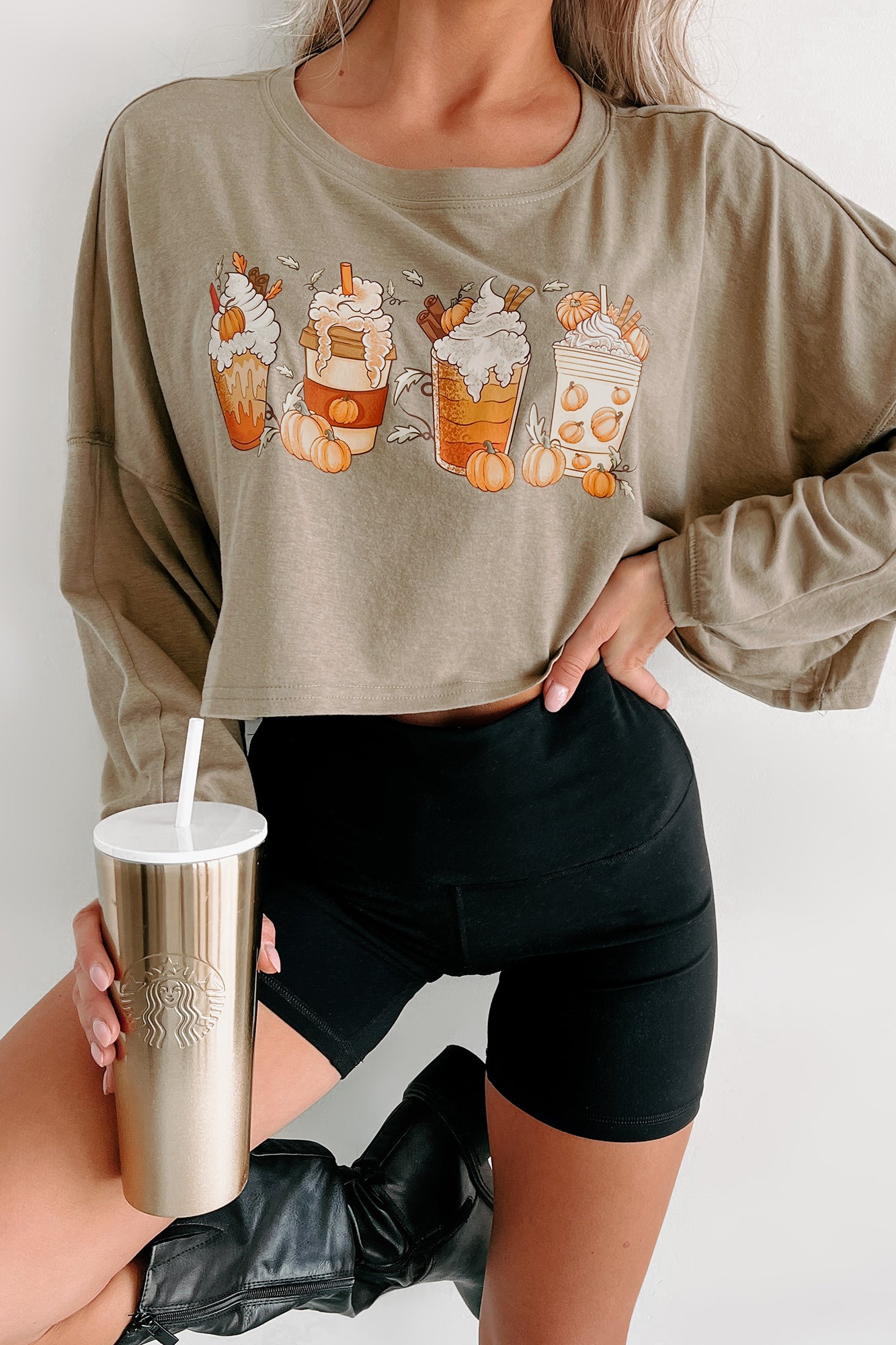 My Pumpkin Coffees Long Sleeve Graphic Crop Top (Olive) - Print On Demand - NanaMacs