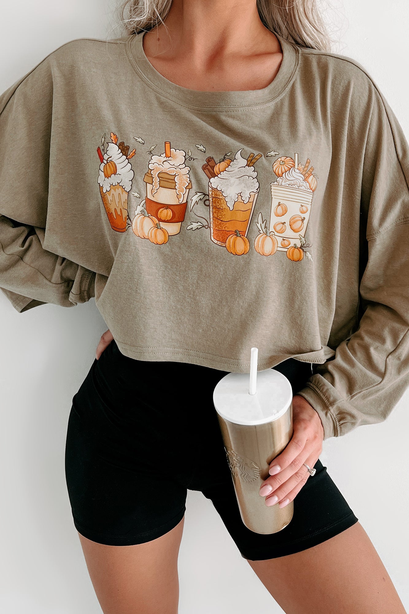 My Pumpkin Coffees Long Sleeve Graphic Crop Top (Olive) - Print On Demand - NanaMacs