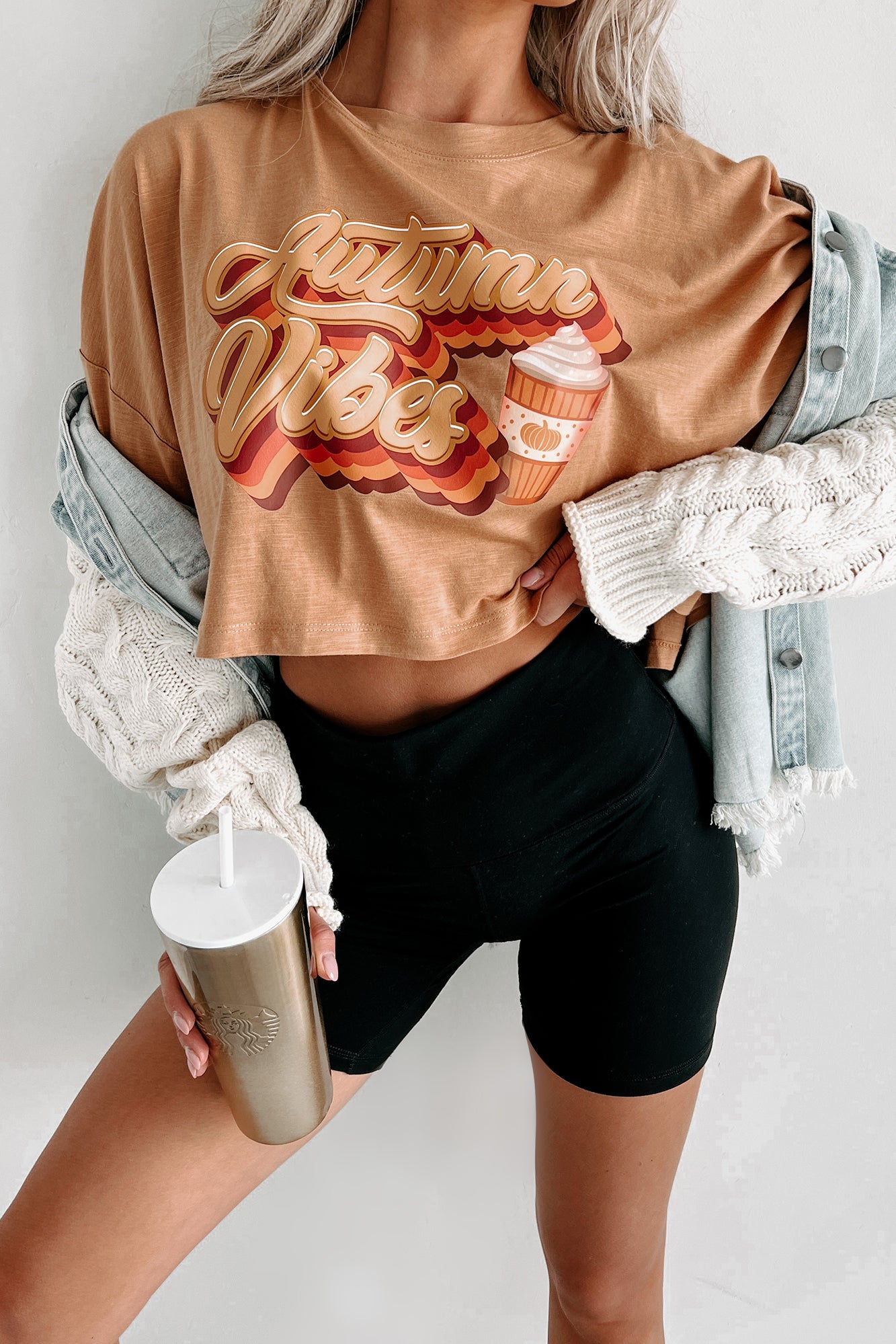 "Autumn Vibes" Long Sleeve Graphic Crop Top (Peanut Butter) - Print On Demand - NanaMacs