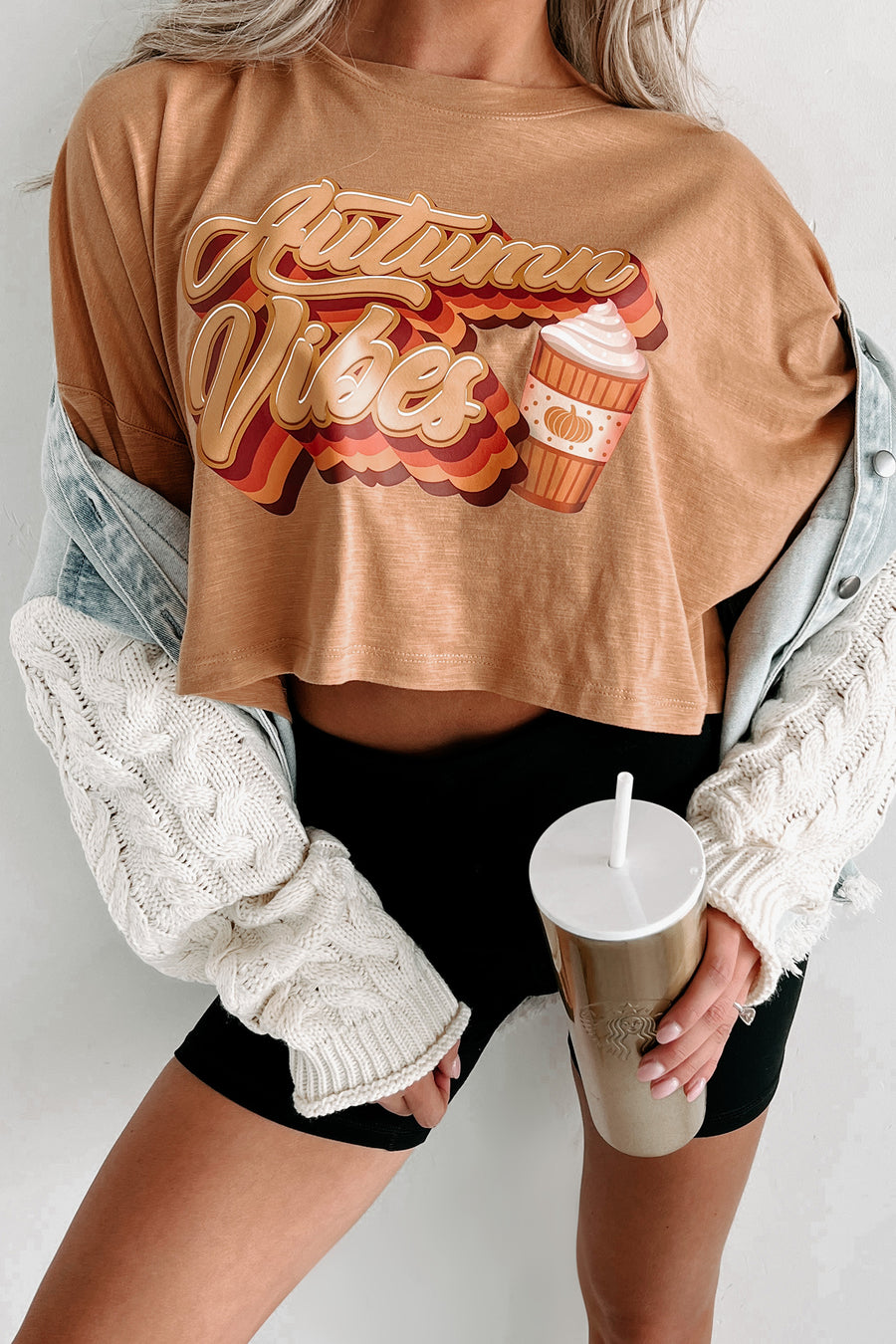 "Autumn Vibes" Long Sleeve Graphic Crop Top (Peanut Butter) - Print On Demand - NanaMacs