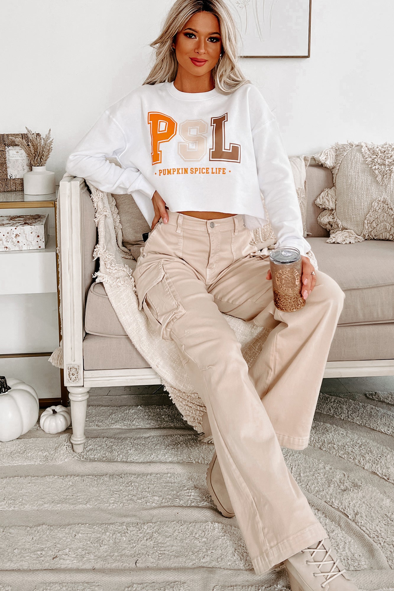 Livin' That PSL Life Raw Hem Cropped Graphic Crewneck (White) - Print On Demand - NanaMacs