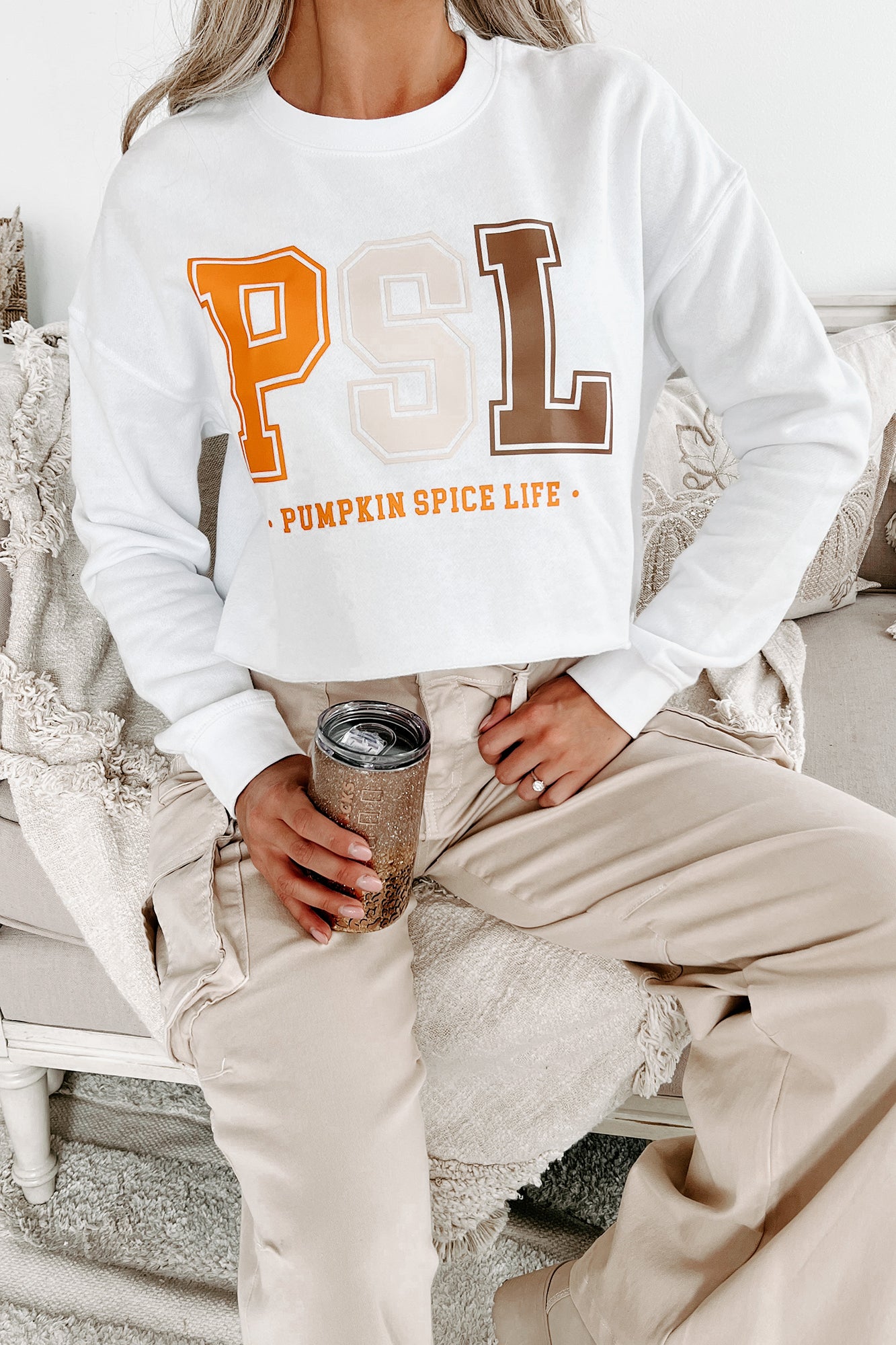 Livin' That PSL Life Raw Hem Cropped Graphic Crewneck (White) - Print On Demand - NanaMacs