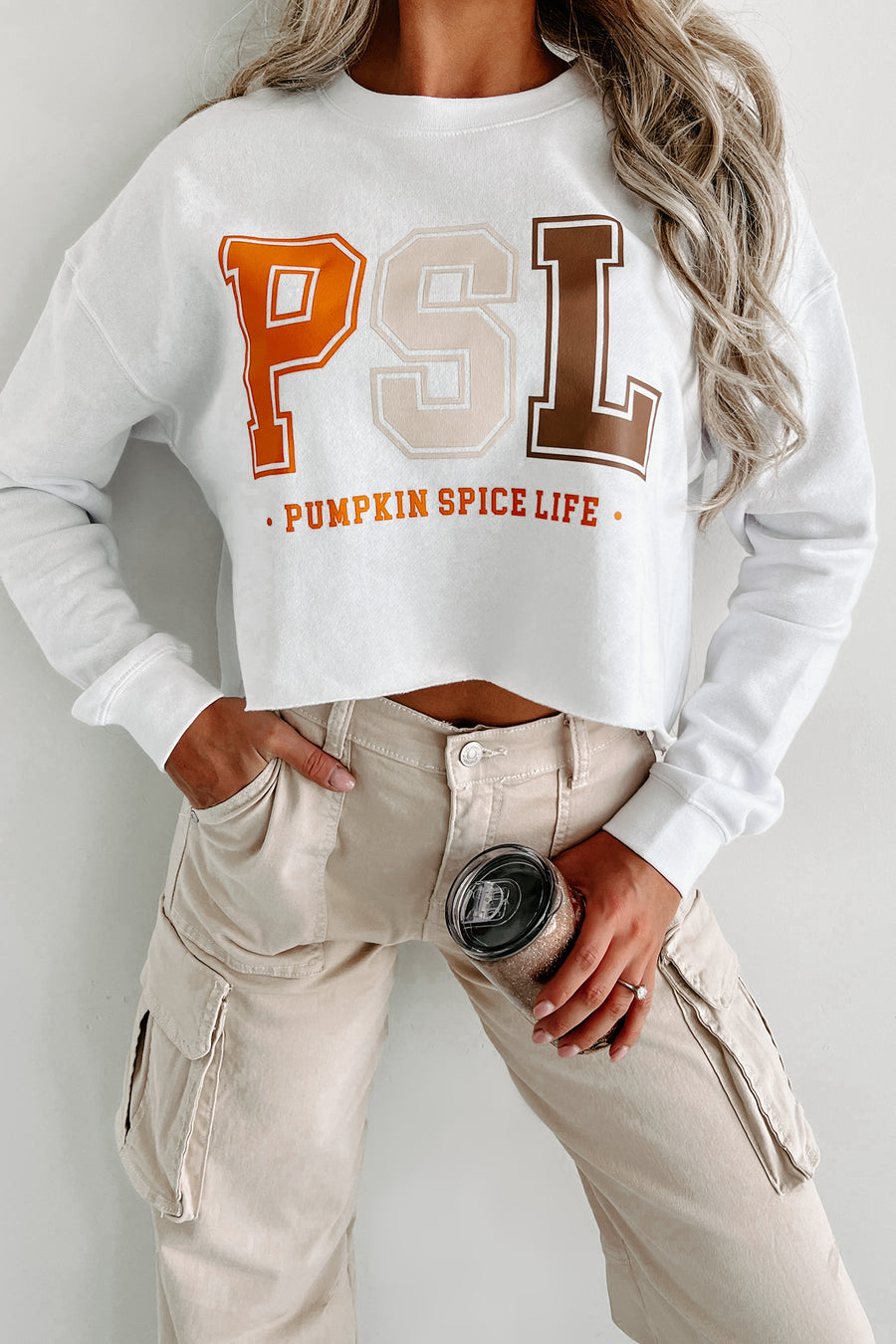 Livin' That PSL Life Raw Hem Cropped Graphic Crewneck (White) - Print On Demand - NanaMacs