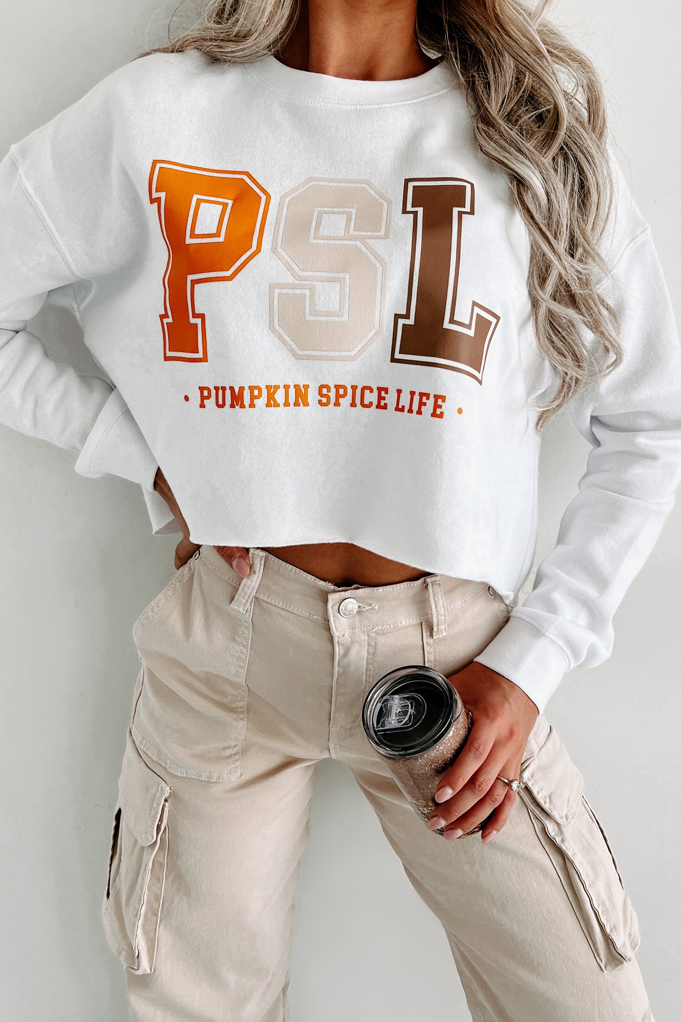 Livin' That PSL Life Raw Hem Cropped Graphic Crewneck (White) - Print On Demand - NanaMacs