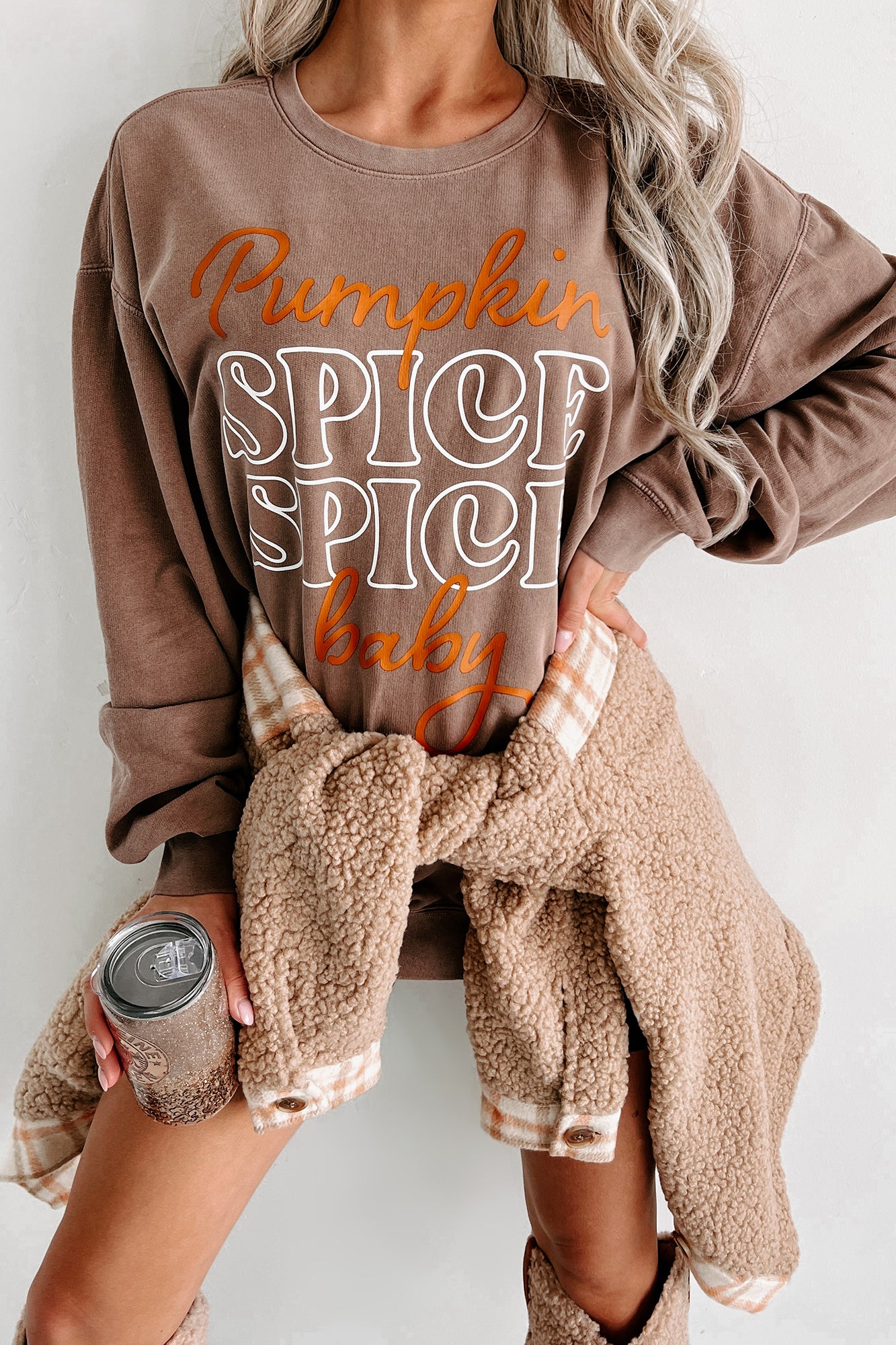 "Pumpkin Spice, Spice Baby" Lightweight Graphic Crewneck (Espresso) - Print On Demand - NanaMacs