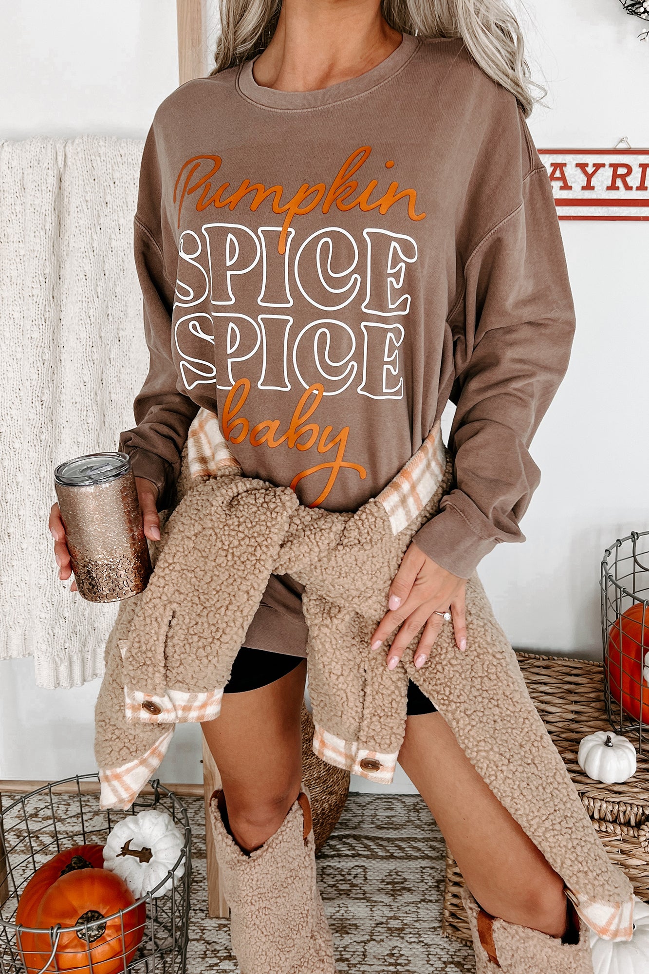 "Pumpkin Spice, Spice Baby" Lightweight Graphic Crewneck (Espresso) - Print On Demand - NanaMacs