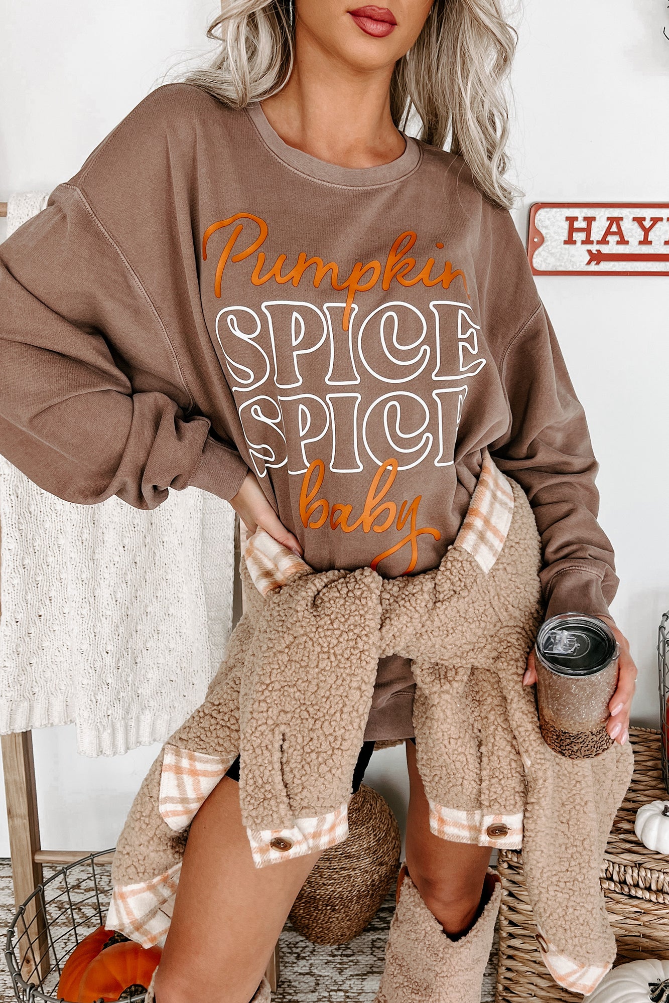 "Pumpkin Spice, Spice Baby" Lightweight Graphic Crewneck (Espresso) - Print On Demand - NanaMacs