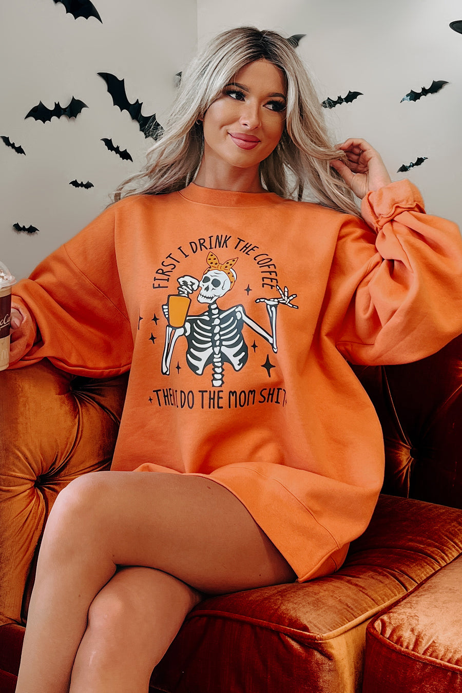 "First I Drink Coffee" Graphic Crewneck (Pumpkin) - Print On Demand - NanaMacs