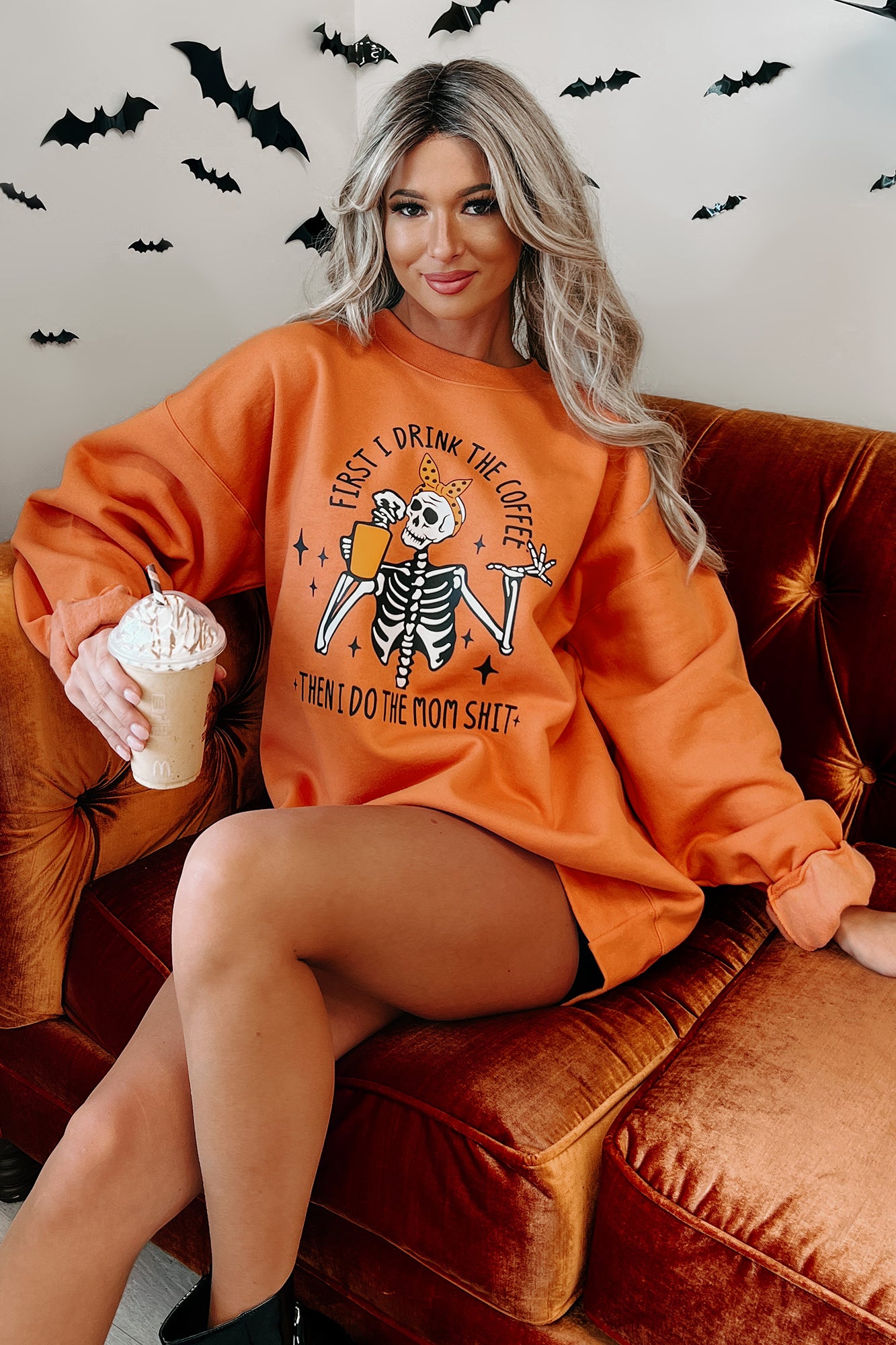 "First I Drink Coffee" Graphic Crewneck (Pumpkin) - Print On Demand - NanaMacs