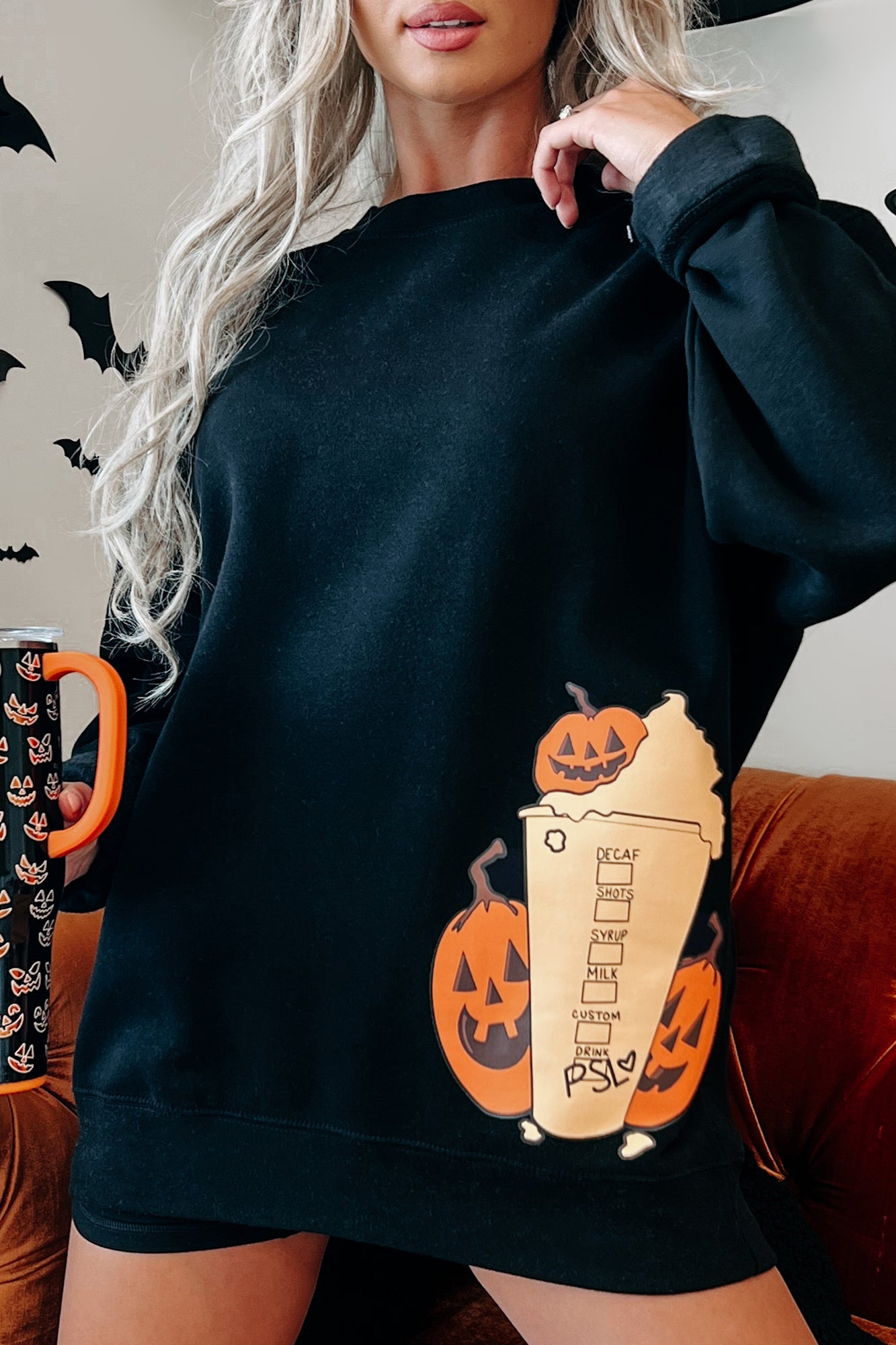 Pumpkins & PSL Graphic Crewneck (Black) - Print On Demand - NanaMacs