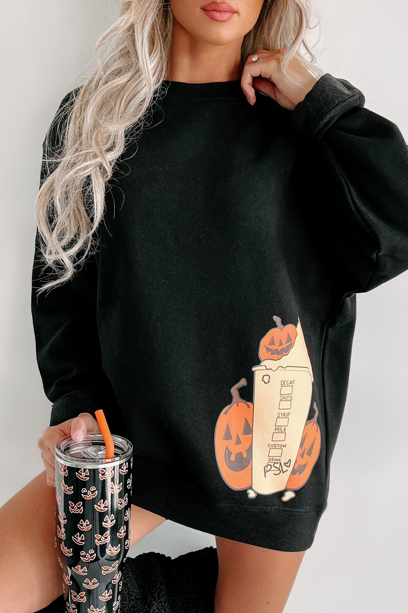 Pumpkins & PSL Graphic Crewneck (Black) - Print On Demand - NanaMacs