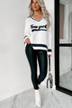 New York Is Calling V-Neck Graphic Sweater (White/Navy) - NanaMacs