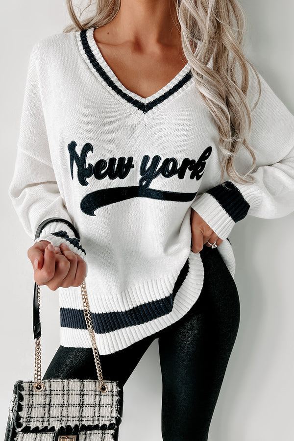 New York Is Calling V-Neck Graphic Sweater (White/Navy) - NanaMacs